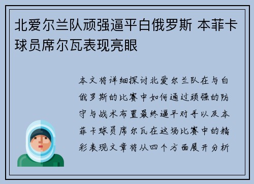 北爱尔兰队顽强逼平白俄罗斯 本菲卡球员席尔瓦表现亮眼
