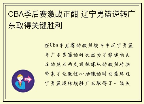 CBA季后赛激战正酣 辽宁男篮逆转广东取得关键胜利
