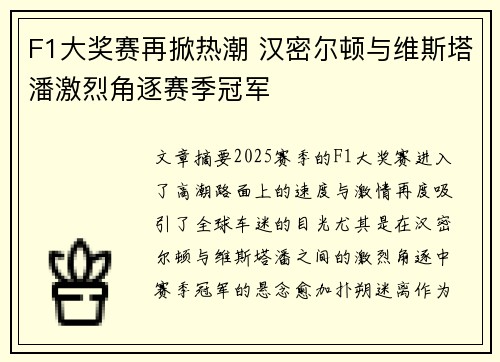 F1大奖赛再掀热潮 汉密尔顿与维斯塔潘激烈角逐赛季冠军